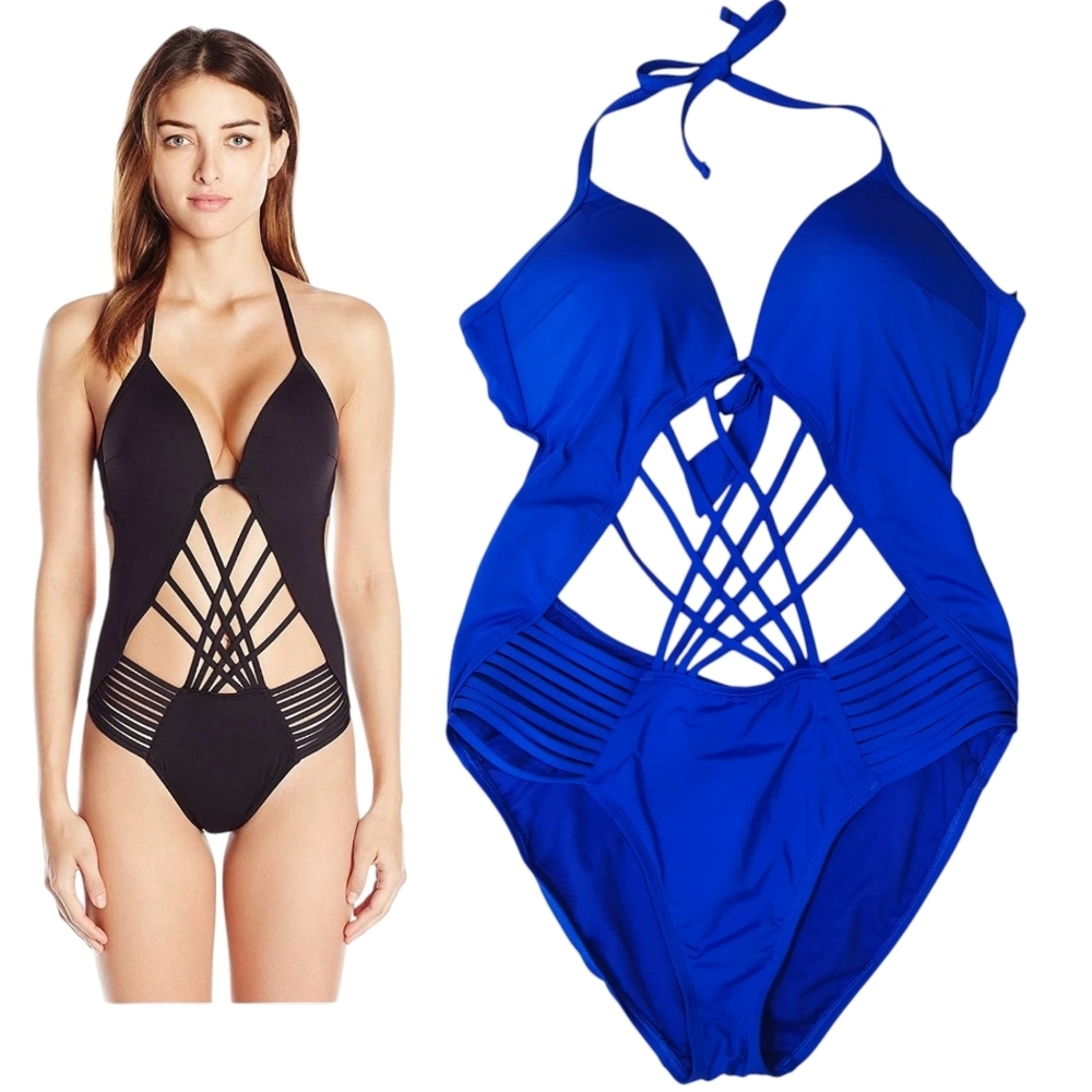 Kenneth Cole Blue Hall Of Fame Desert Heat Strappy One Piece Swimsuit - Sz XL